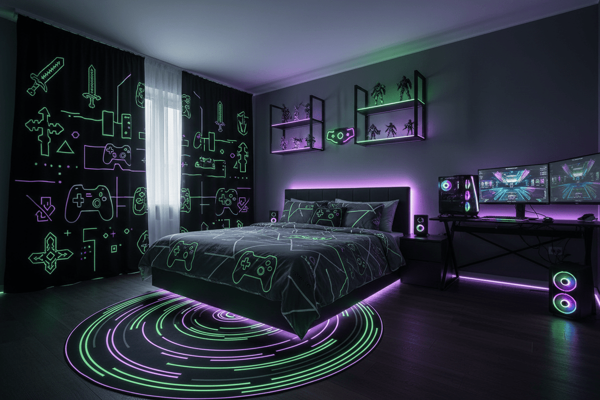 Gaming room decor including display shelves, neon signs, and gaming posters