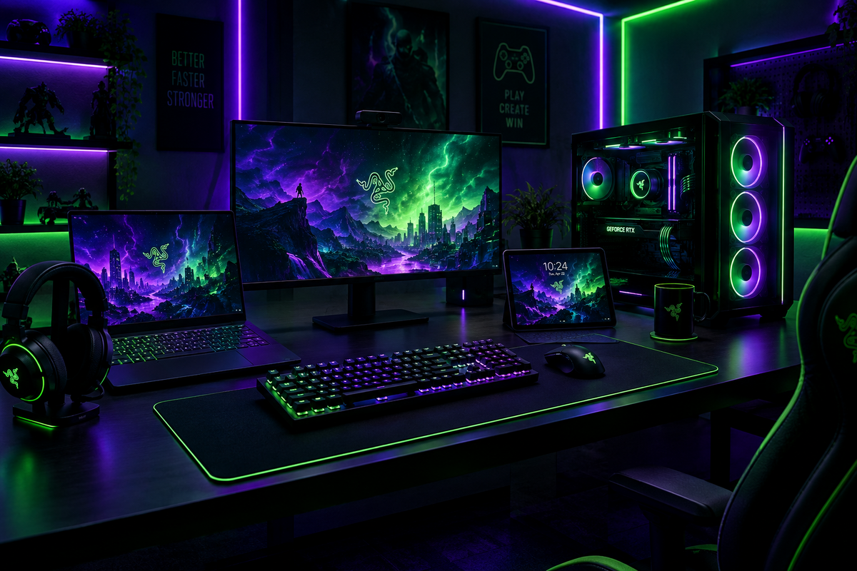 Gaming desktop setup with a monitor, keyboard, PC tower, and purple and green lighting