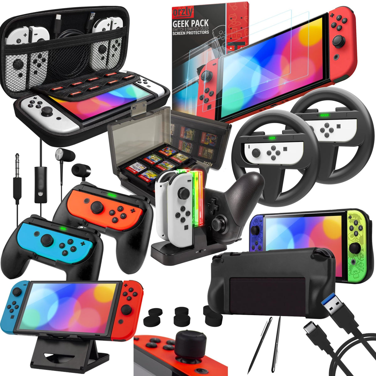 Nintendo Switch accessories including Joy-Con grips, cases, and charging docks