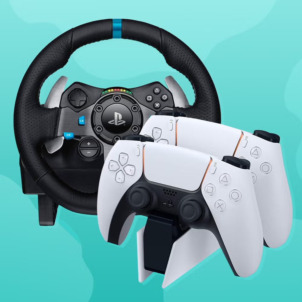 PlayStation 5 accessories including controllers, headsets, and charging gear
