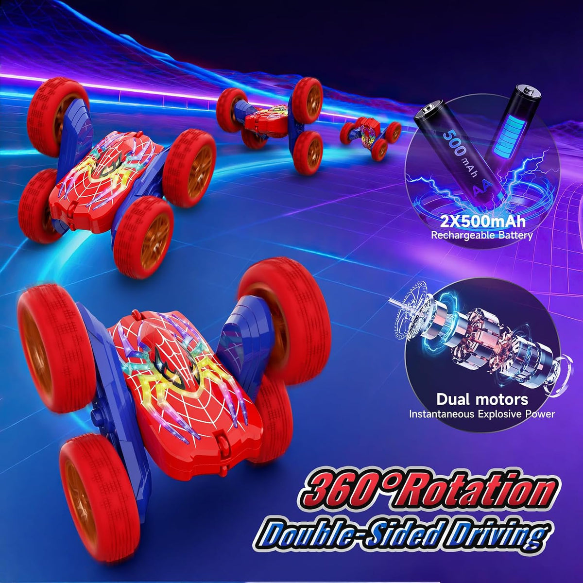 360° Flip RC Stunt Car with Glowing Hero Eyes & LED Lights – 4WD Double-Sided - Flex Gamingproduct_type