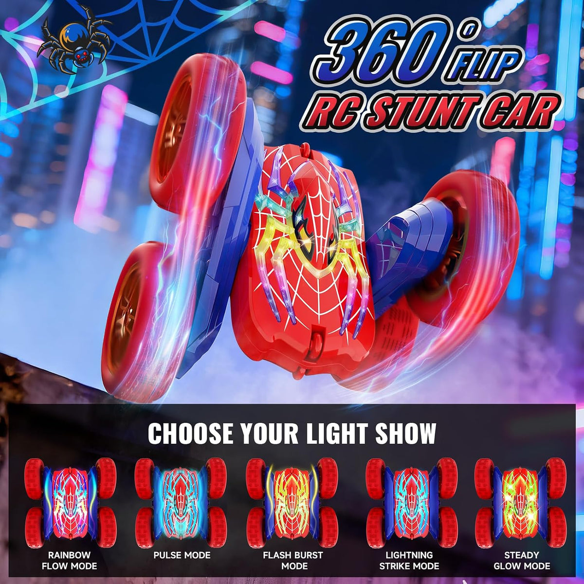 360° Flip RC Stunt Car with Glowing Hero Eyes & LED Lights – 4WD Double-Sided - Flex Gamingproduct_type