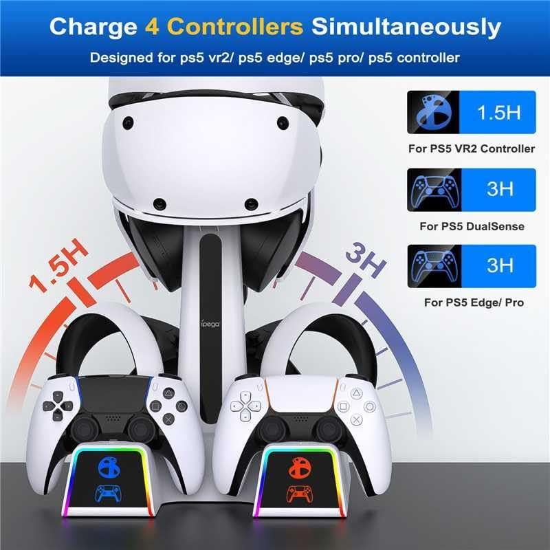 RGB Charging Station for PSVR 2/ PS5 Edge/ PS5 Controller with AC Adapter, PSVR2 Stand with PS VR2 Accessories for PS5VR2 Headset and Dualsense Controllers+ VR2 Charging Dock+ 10 Light Mode - Flex Gamingproduct_type
