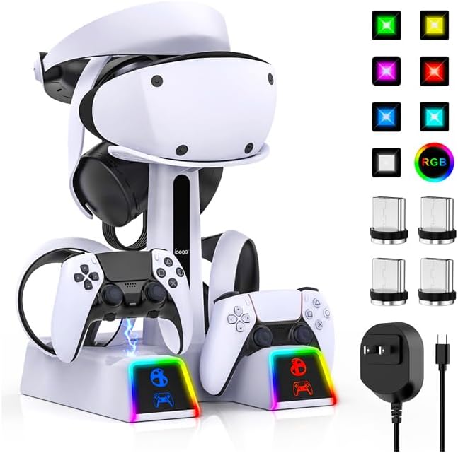 RGB Charging Station for PSVR 2/ PS5 Edge/ PS5 Controller with AC Adapter, PSVR2 Stand with PS VR2 Accessories for PS5VR2 Headset and Dualsense Controllers+ VR2 Charging Dock+ 10 Light Mode - Flex Gamingproduct_type