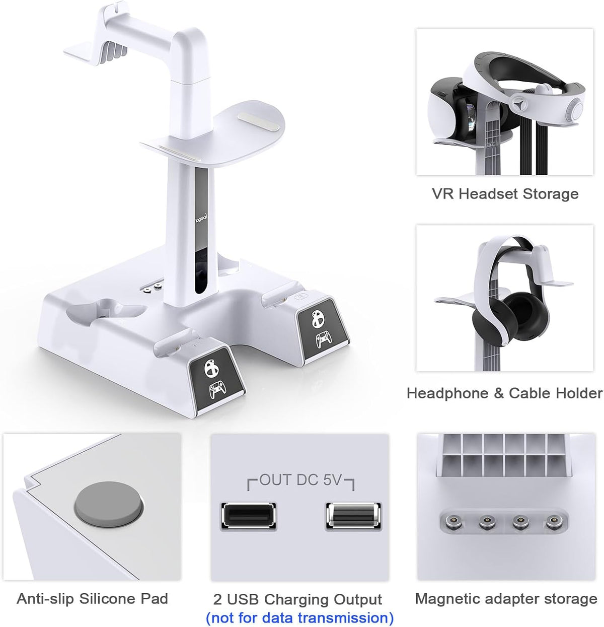 RGB Charging Station for PSVR 2/ PS5 Edge/ PS5 Controller with AC Adapter, PSVR2 Stand with PS VR2 Accessories for PS5VR2 Headset and Dualsense Controllers+ VR2 Charging Dock+ 10 Light Mode - Flex Gamingproduct_type