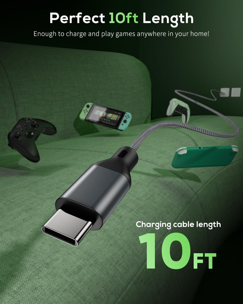 MENEEA 10-Foot USB-C Controller Charging Cables – 3 Colors