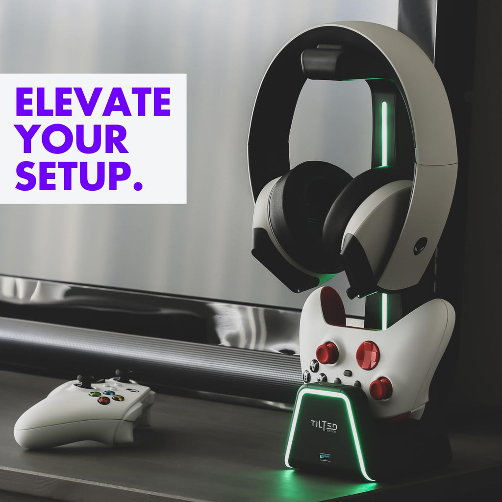 Tilted Nation 3 in 1 Gaming Headset and Controller Stand for PS5 and Xbox Series X Charging Station - Game Controller Holder and Headphone Stand for Desk with PlayStation and Xbox Magnetic Charger - Flex Gamingproduct_type