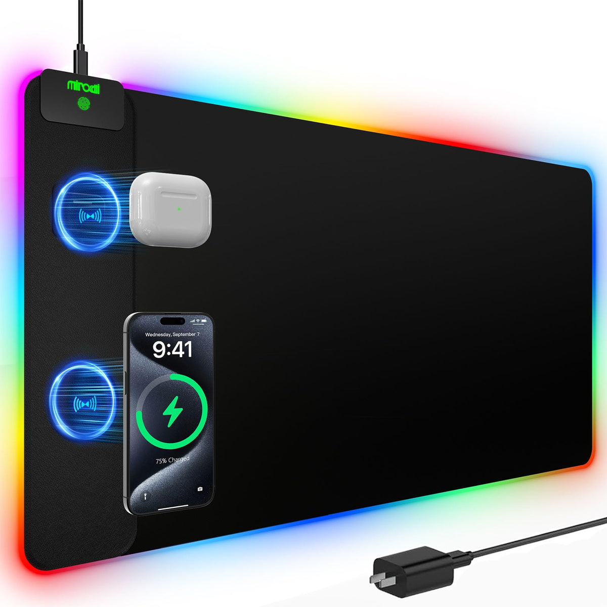 XXL Mouse Pad with Phone Holder - Black, RGB Desk Mat with 15W Fast Charging, LED Gaming Mousepad with 11 Light Colors, Waterproof Non-Slip Pad for Office & Home (Wave) - Flex Gamingproduct_type