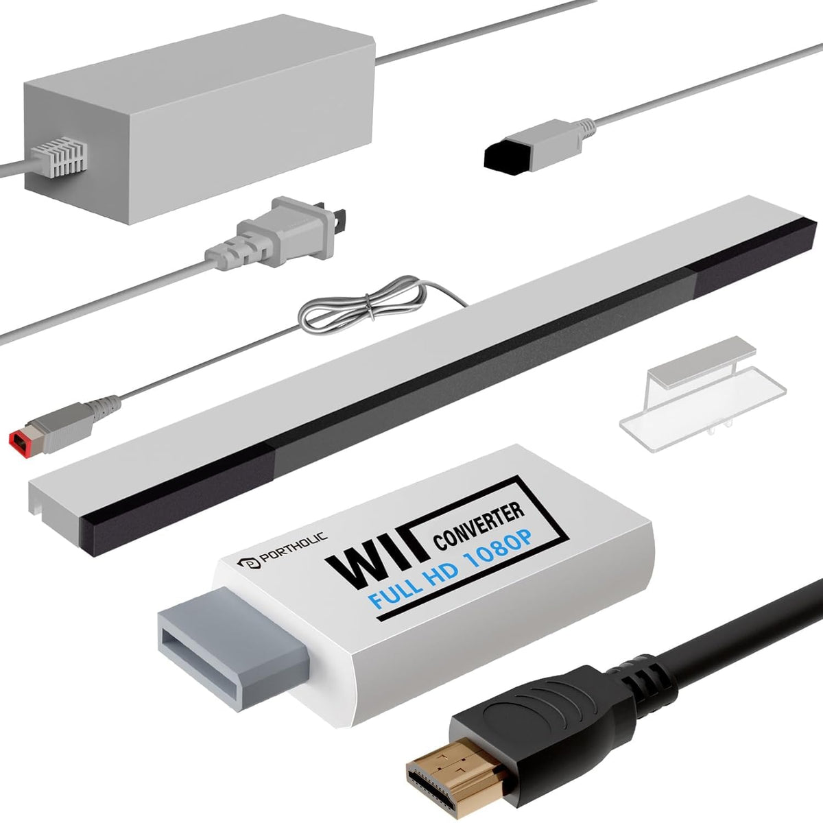 PORTHOLIC 4 in 1 Wii Replacement Cables Set, Wii AC Power Adapter + Wii to hdmi Converter+ Wired Motion Sensor Bar and Composite Audio Video Cable for Nintendo Wii - Flex Gamingproduct_type