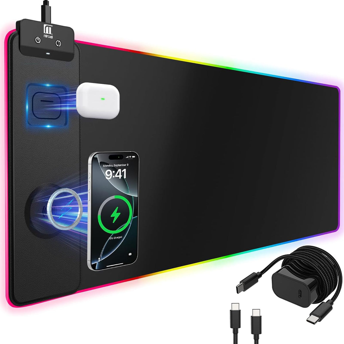 XXL Mouse Pad with Phone Holder - Black, RGB Desk Mat with 15W Fast Charging, LED Gaming Mousepad with 11 Light Colors, Waterproof Non-Slip Pad for Office & Home (Wave) - Flex Gamingproduct_type
