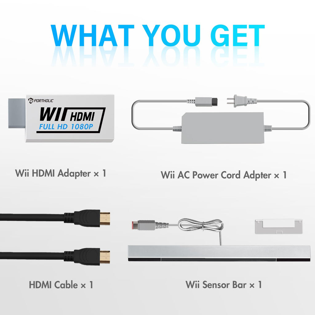 PORTHOLIC 4 in 1 Wii Replacement Cables Set, Wii AC Power Adapter + Wii to hdmi Converter+ Wired Motion Sensor Bar and Composite Audio Video Cable for Nintendo Wii - Flex Gamingproduct_type