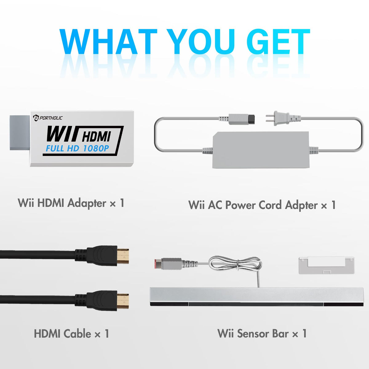 PORTHOLIC 4 in 1 Wii Replacement Cables Set, Wii AC Power Adapter + Wii to hdmi Converter+ Wired Motion Sensor Bar and Composite Audio Video Cable for Nintendo Wii - Flex Gamingproduct_type