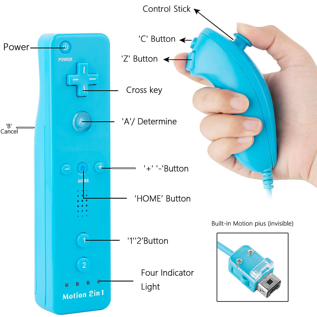 DTianSir 2Pack Motion Plus Wii Remote Controllers with Nunchucks,Wii Remote Controllers with Built in Motion Plus Compatible for Wii U Consoles(Pink&Blue) - Flex Gamingproduct_type