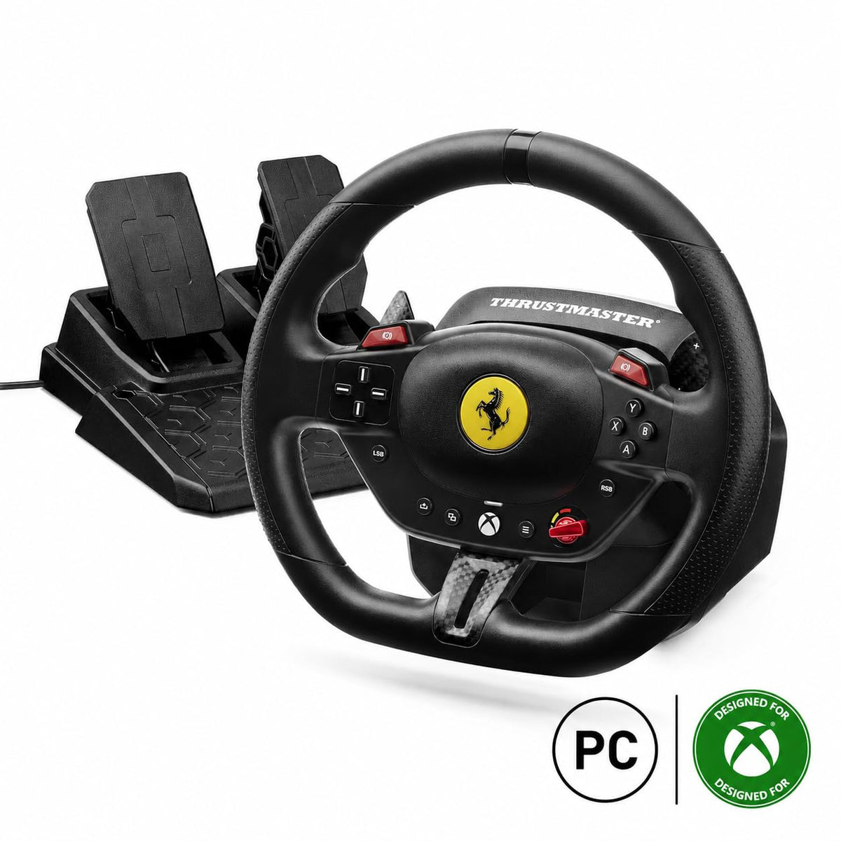 Thrustmaster T98 P Ferrari Licensed Racing Wheel & Pedal Set - PS5 & PC | 240-degree rotation, bungee-cord resistance, paddle shifters, 3 driving modes, Hall-Effect sensors, tool-free desk clamp - Flex Gamingproduct_type