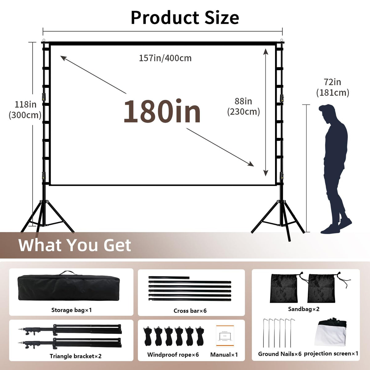 Wootfairy 180inch Projector Screen with Stand: Portable Wrinkle-Free Screen | Foldable 16:9 4K HD Front Rear Projection Movie Screen with Carry Bag for Indoor Outdoor Backyard Family Live Sports Night - Flex Gamingproduct_type