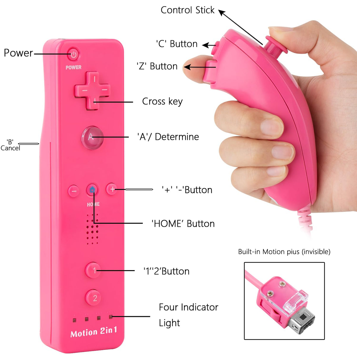 DTianSir 2Pack Motion Plus Wii Remote Controllers with Nunchucks,Wii Remote Controllers with Built in Motion Plus Compatible for Wii U Consoles(Pink&Blue) - Flex Gamingproduct_type