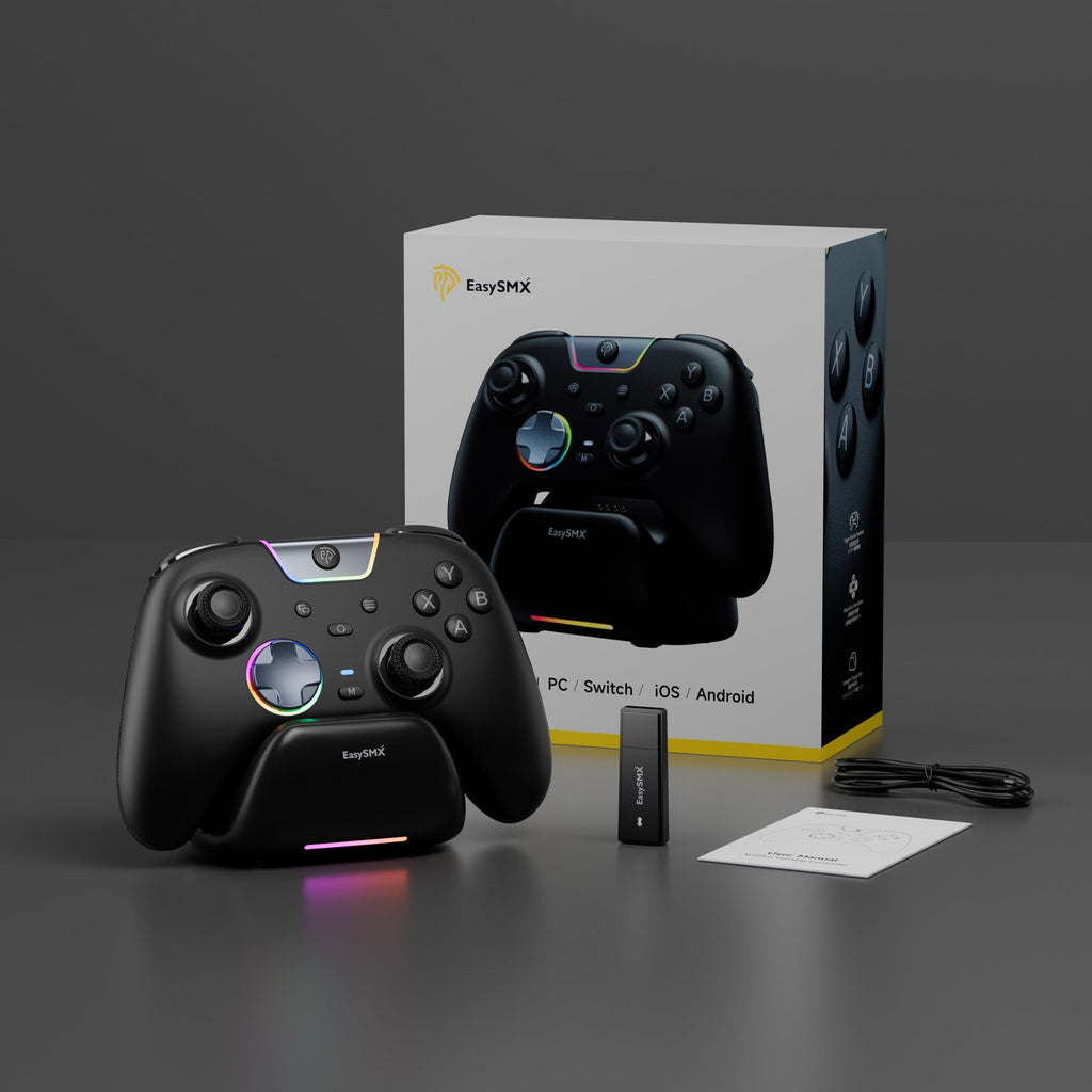 EasySMX X05Pro Wireless PC Gaming Controller with Smart Charging Dock – Full Quiet Buttons, Dual-Stage Linear Triggers, 8-Way D-Pad, Programmable Buttons, Hall Effect Joysticks, 1000mAh Long Battery Life, 1000Hz Polling Rate, Compatible with PC/Switch/And - Flex Gamingproduct_type