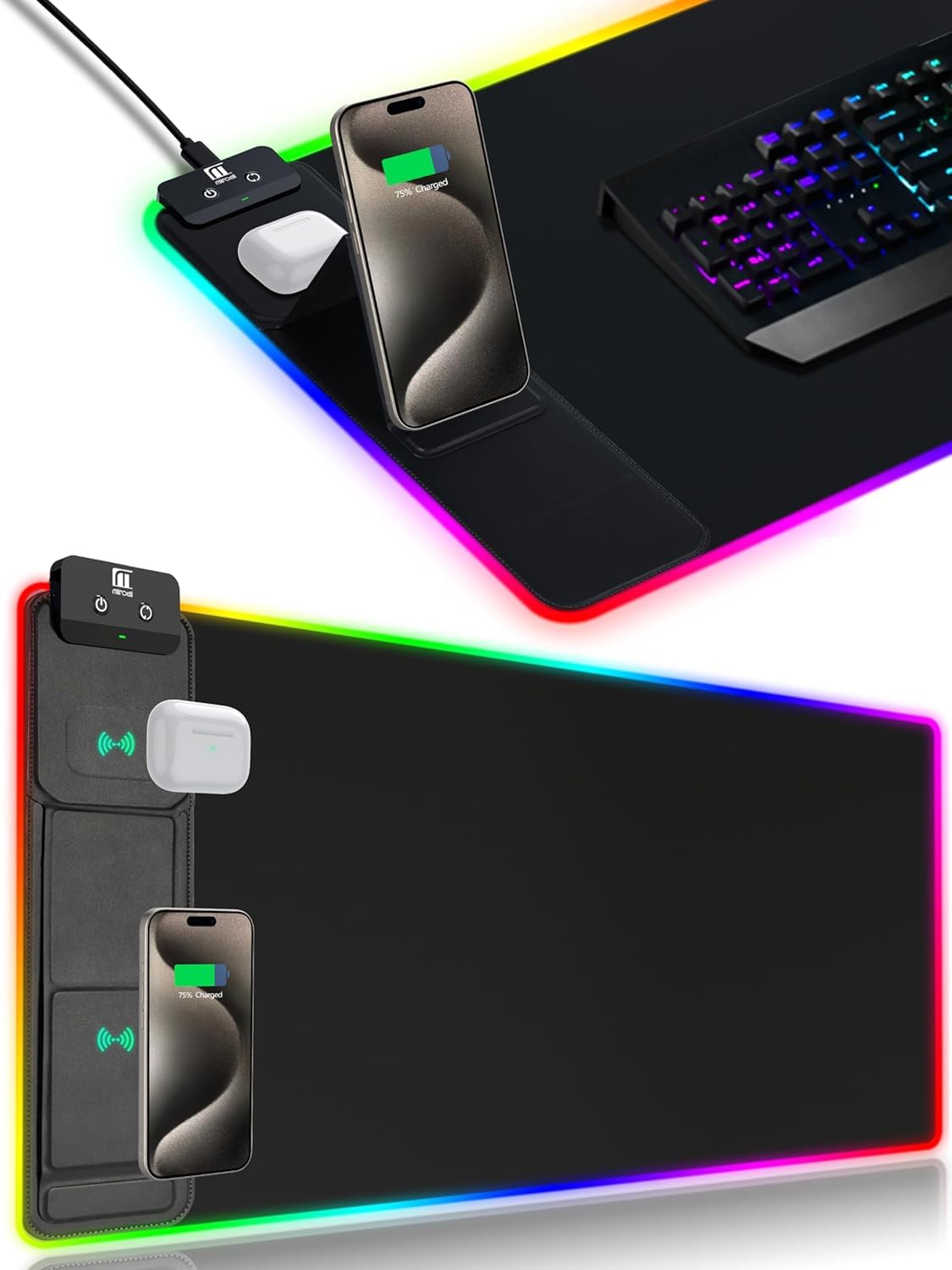 XXL Mouse Pad with Phone Holder - Black, RGB Desk Mat with 15W Fast Charging, LED Gaming Mousepad with 11 Light Colors, Waterproof Non-Slip Pad for Office & Home (Wave) - Flex Gamingproduct_type