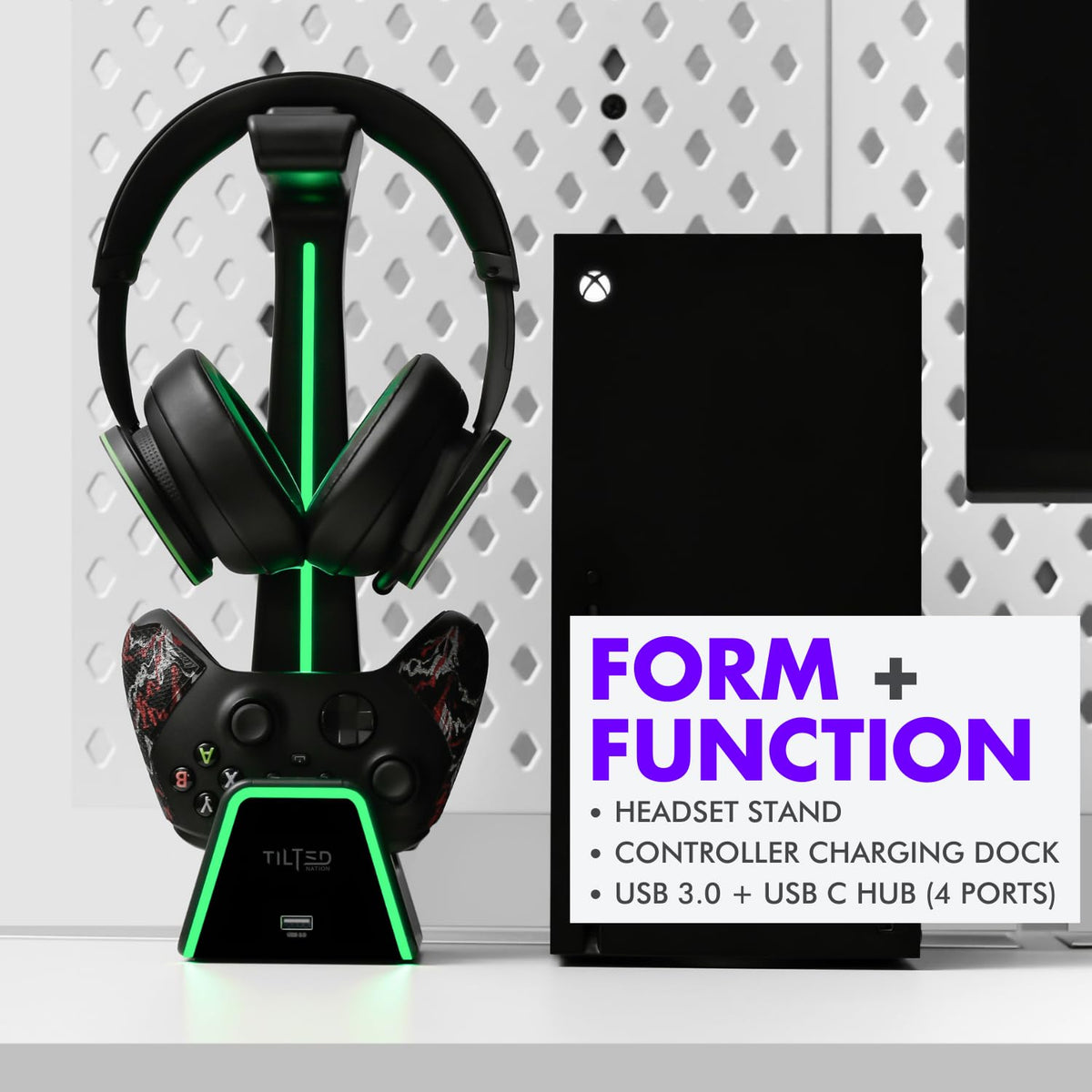 Tilted Nation 3 in 1 Gaming Headset and Controller Stand for PS5 and Xbox Series X Charging Station - Game Controller Holder and Headphone Stand for Desk with PlayStation and Xbox Magnetic Charger - Flex Gamingproduct_type