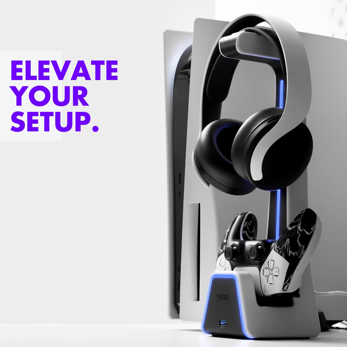 Tilted Nation 3 in 1 Gaming Headset and Controller Stand for PS5 and Xbox Series X Charging Station - Game Controller Holder and Headphone Stand for Desk with PlayStation and Xbox Magnetic Charger - Flex Gamingproduct_type