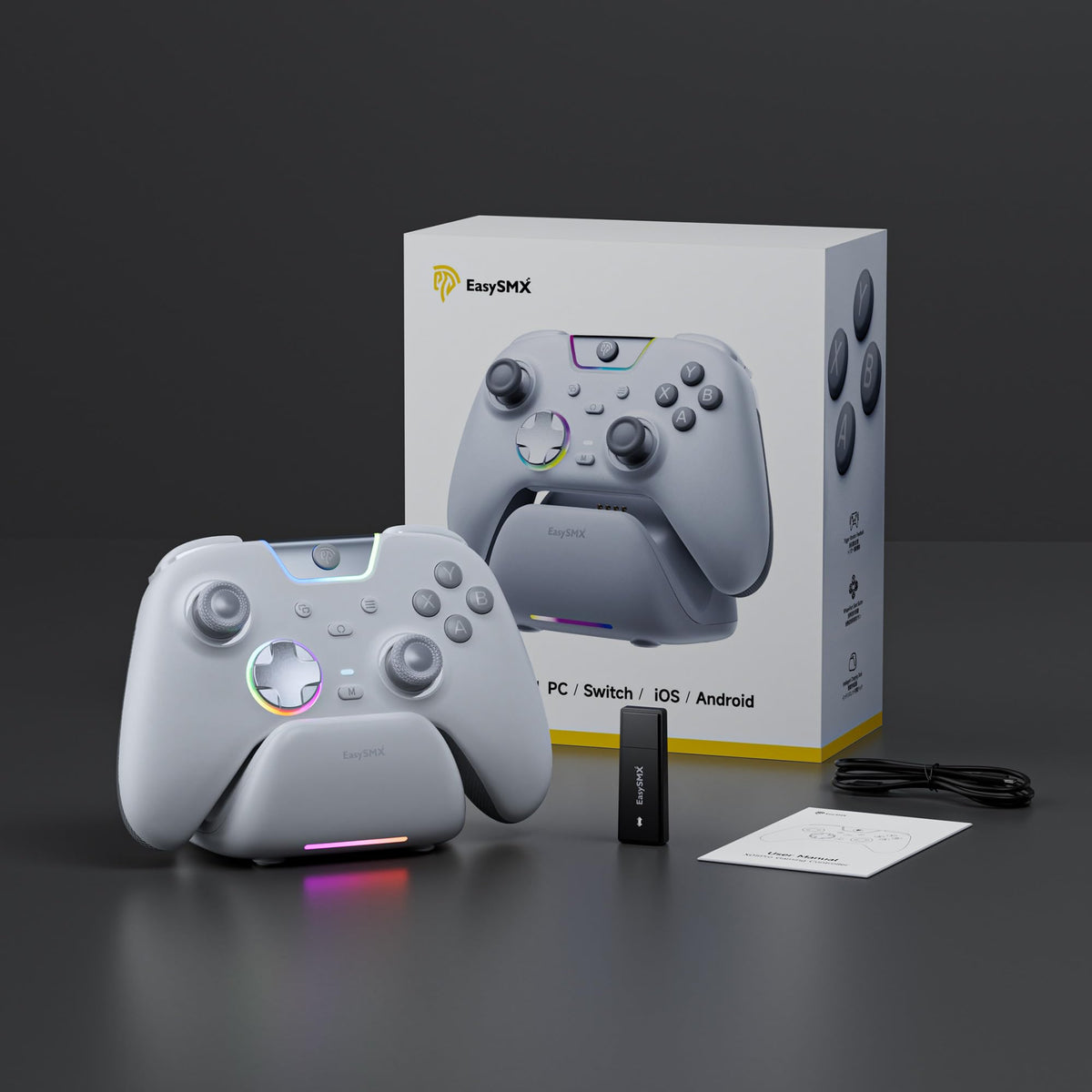 EasySMX X05Pro Wireless PC Gaming Controller with Smart Charging Dock – Full Quiet Buttons, Dual-Stage Linear Triggers, 8-Way D-Pad, Programmable Buttons, Hall Effect Joysticks, 1000mAh Long Battery Life, 1000Hz Polling Rate, Compatible with PC/Switch/And - Flex Gamingproduct_type