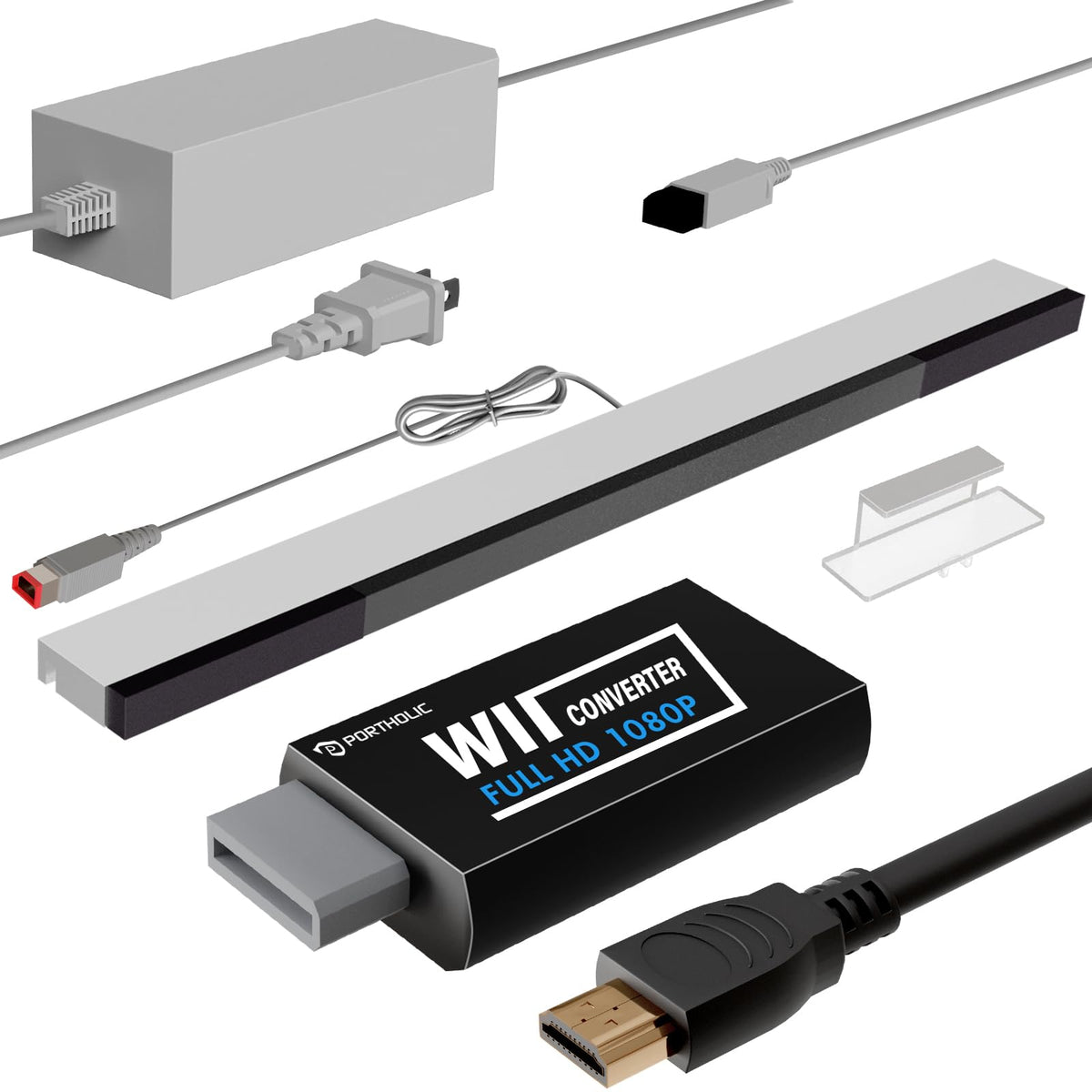 PORTHOLIC 4 in 1 Wii Replacement Cables Set, Wii AC Power Adapter + Wii to hdmi Converter+ Wired Motion Sensor Bar and Composite Audio Video Cable for Nintendo Wii - Flex Gamingproduct_type