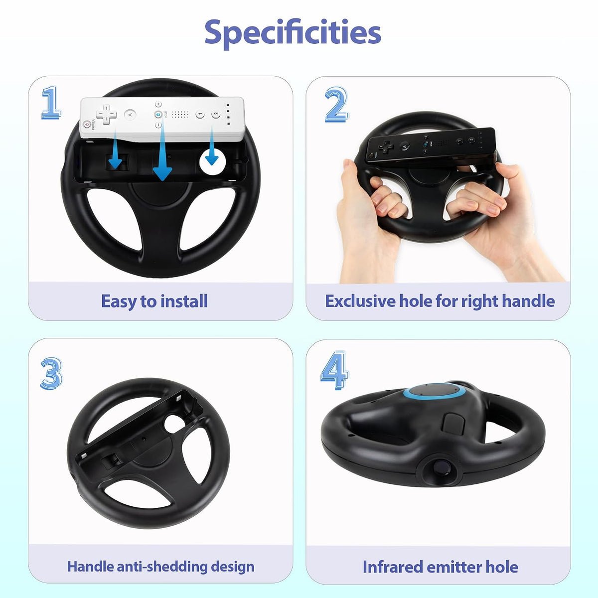 DTianSir 4Pcs Mario Kart Steering Wheels and Zapper Light Gun Compatible with Nintendo Wii/Wii U Remote Controller(Black) [Video Game] - Flex Gamingproduct_type