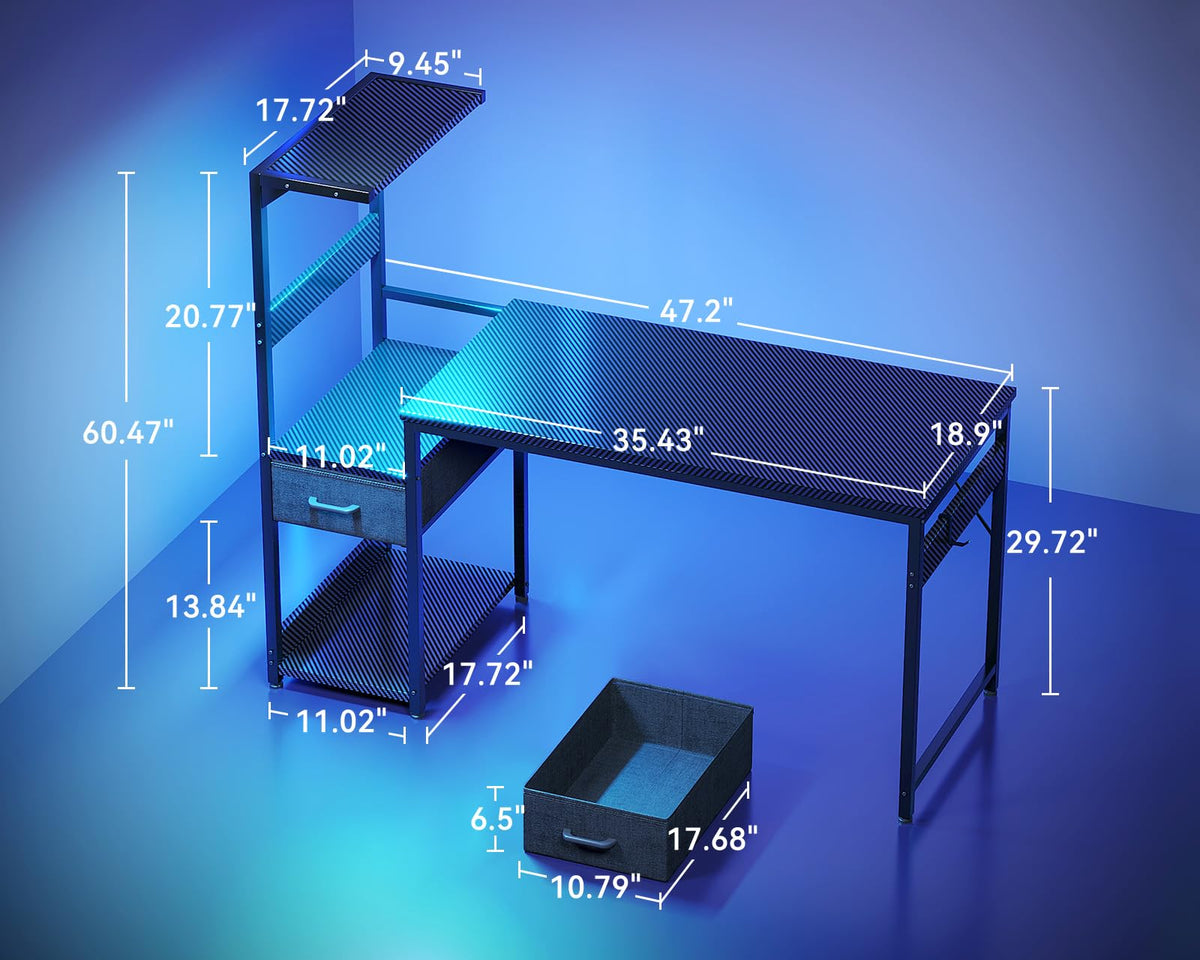 Casaottima 48'' Gaming Desk with LED Lights & CPU Stand, Reversible Computer Desk with Storage Shelves & Fabric Drawer, Modern PC Gamer Table with Headphone Hook, Carbon Fiber Black - Flex Gamingproduct_type