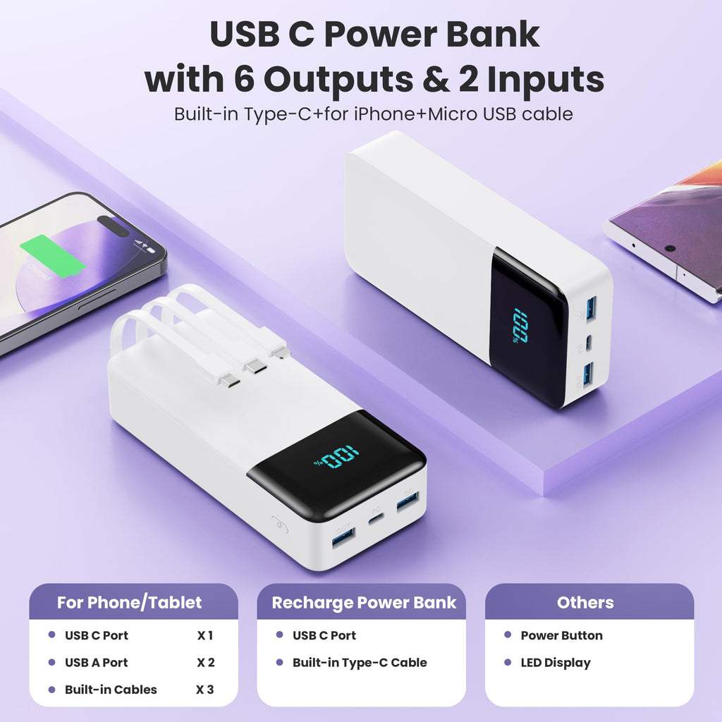 Pxwaxpy 25W Portable Power Bank with 3 Built-In Cables – 6 Options