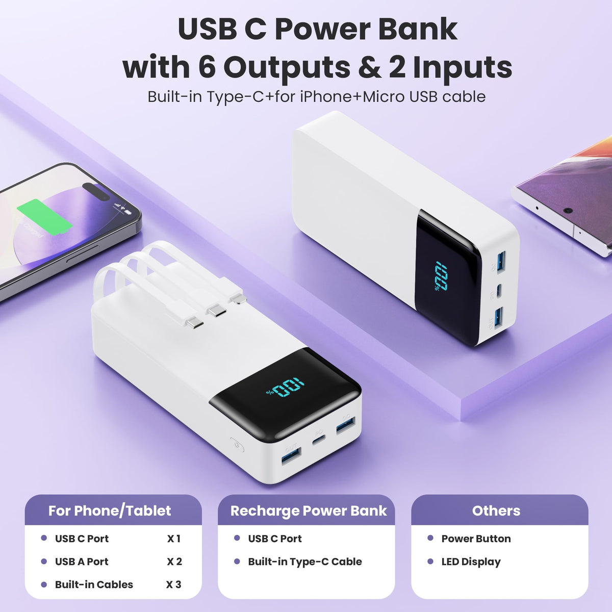 Pxwaxpy 25W Portable Power Bank with 3 Built-In Cables – 6 Options