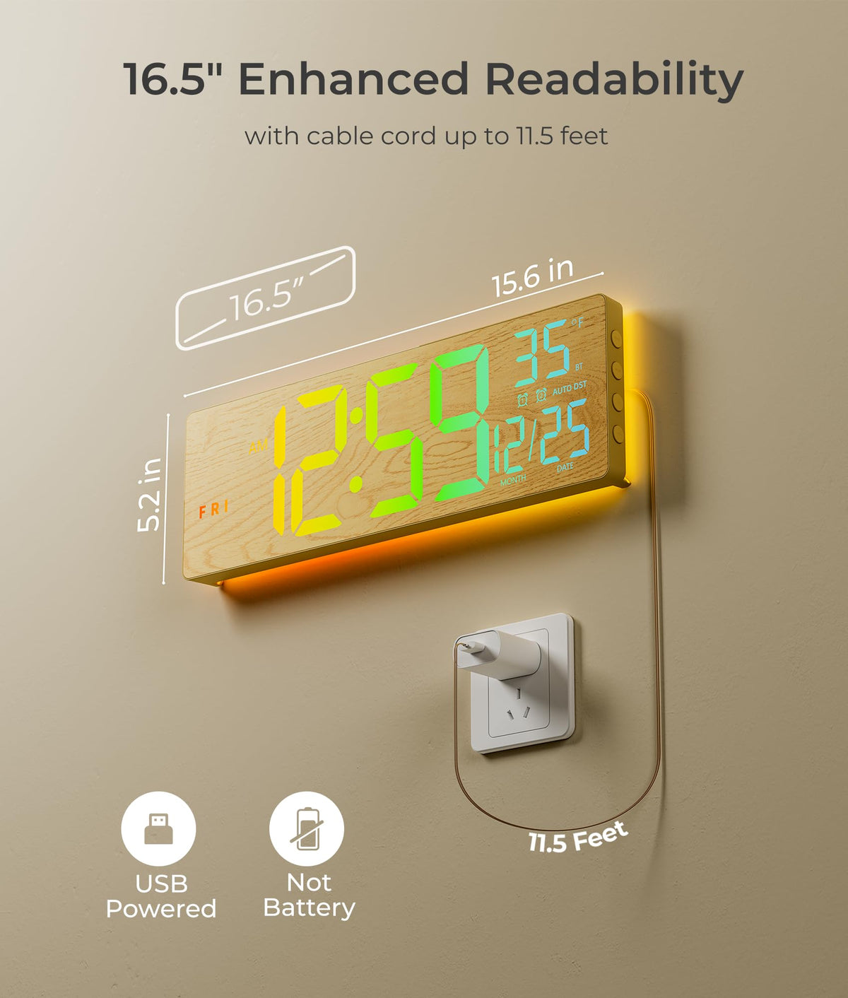 EASYERA 16.5" Large Digital Wall Clock with BT Sync, RGB Lights with 11 Scenes Mode Remote Control, Dual Alarms with Big LED Display, Auto DST, Temperature for Classroom Gaming - Flex Gamingproduct_type