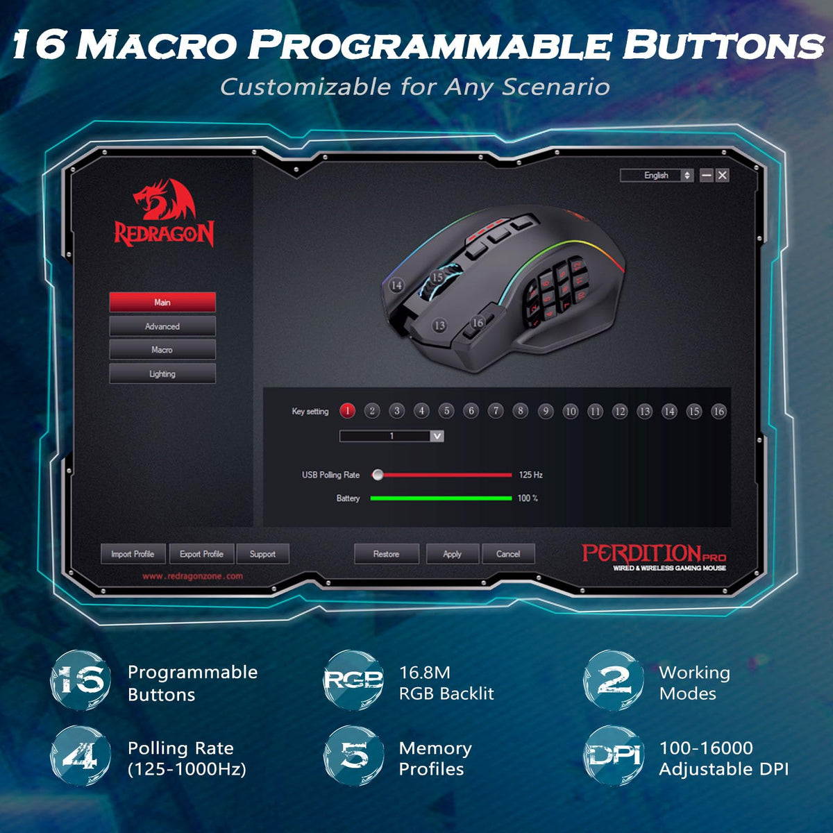 Redragon Gaming Mouse, MMO Mouse Gaming UP 12400 DPI, 19 Macro Programmable Buttons, RGB Mouse with 12 Side Buttons, 8 * 2.4g Weight Tuning for PC Laptop MOBA FPS, M901K, Black - Flex Gamingproduct_type