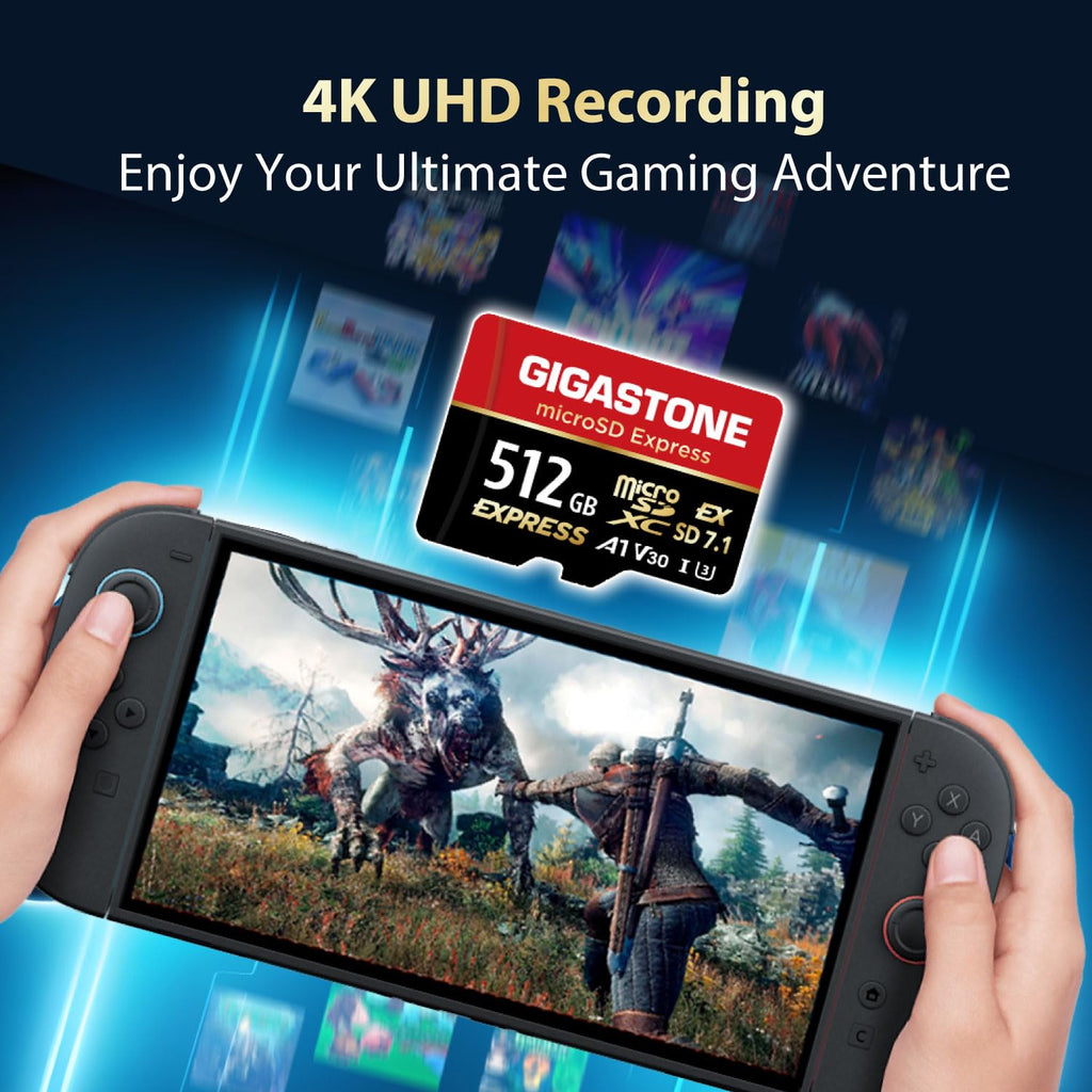 【Designed for Switch 2】 GIGASTONE 512GB microSD Express R/W 880/650MB/s SDXC Memory Card SD 2.0 3.0 5.0 7.1 UHS-I UHS-II, Action Camera Drone, V30 U3, SD Adapter 【5-Years Data Recovery】 - Flex Gamingproduct_type