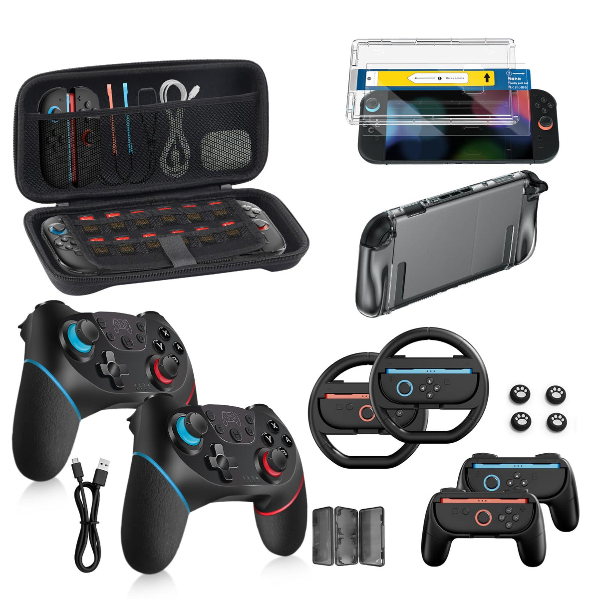 Pro Controllers Accessories Bundle for Nintendo Switch 2 18-in-1: Carrying Case, Screen Protector, Thumb Grip for Joycon, Dockable Console Protective Cover Shell, Steering Wheel, 2025 Switch2 Game Kit - Flex Gamingproduct_type