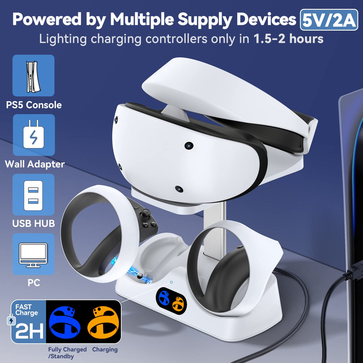 Controller Charging Dock for PS5 VR2, PSVR 2 Charging Station with VR Headset Holder Display Stand, PS VR2 Controller Charger for PSVR2 Accessories with Led Indicator, 2 Magnetic Clasp & Type-C Cable - Flex Gamingproduct_type