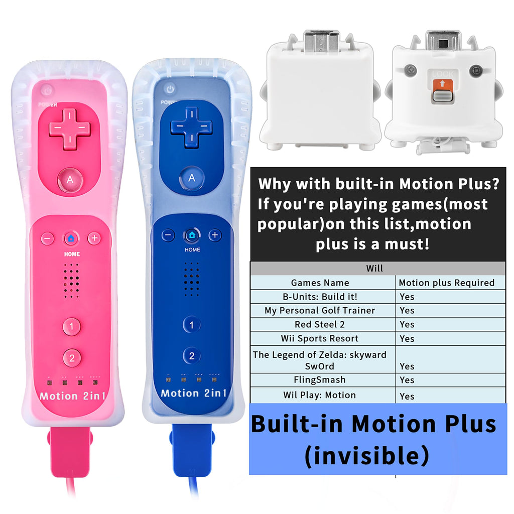 DTianSir 2Pack Motion Plus Wii Remote Controllers with Nunchucks,Wii Remote Controllers with Built in Motion Plus Compatible for Wii U Consoles(Pink&Blue) - Flex Gamingproduct_type