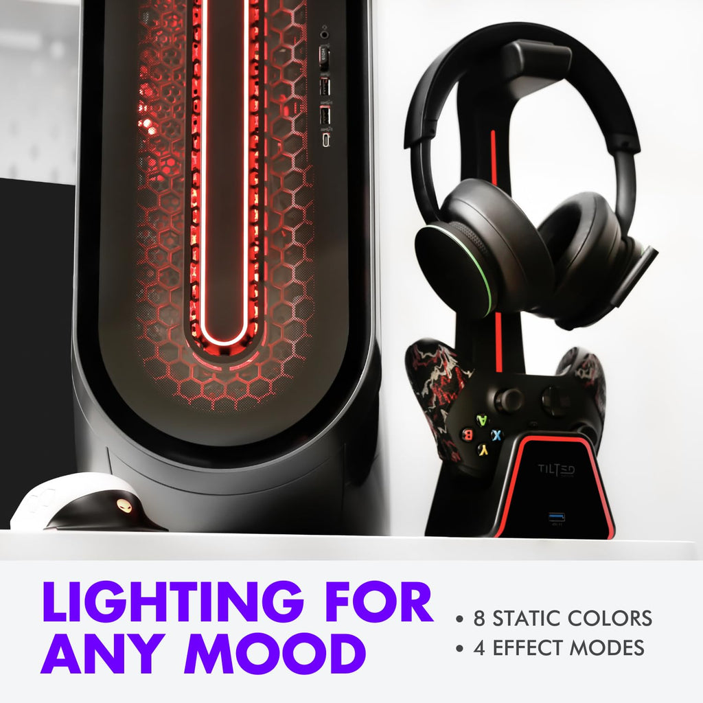 Tilted Nation 3 in 1 Gaming Headset and Controller Stand for PS5 and Xbox Series X Charging Station - Game Controller Holder and Headphone Stand for Desk with PlayStation and Xbox Magnetic Charger - Flex Gamingproduct_type