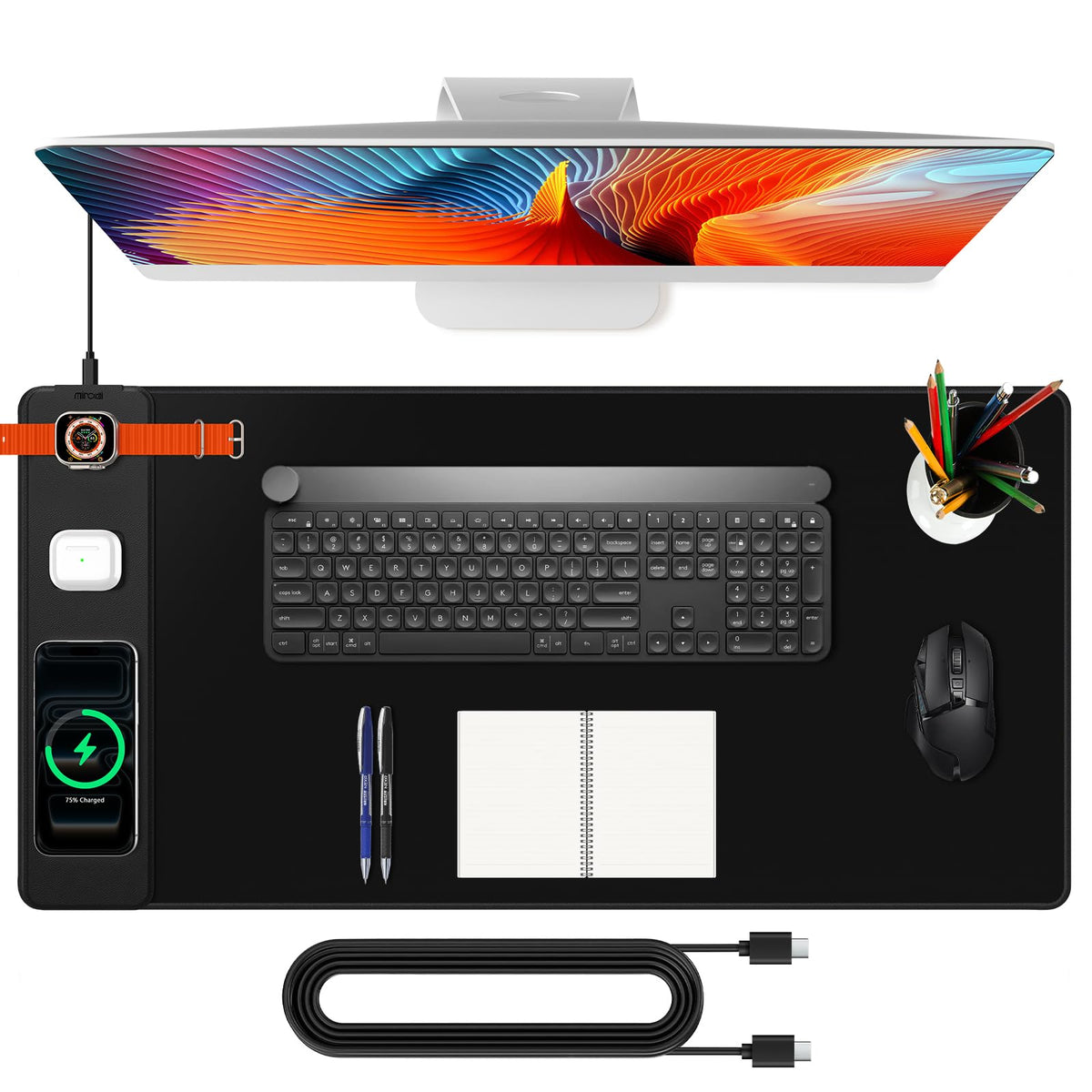 XXL Mouse Pad with Phone Holder - Black, RGB Desk Mat with 15W Fast Charging, LED Gaming Mousepad with 11 Light Colors, Waterproof Non-Slip Pad for Office & Home (Wave) - Flex Gamingproduct_type