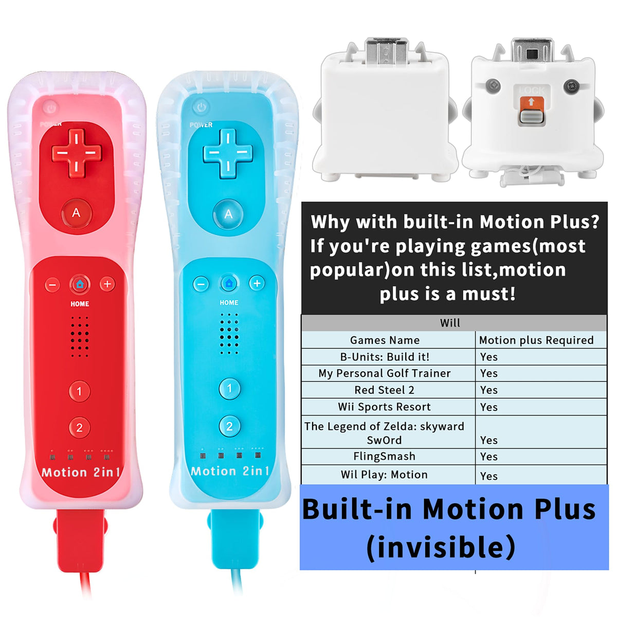 DTianSir 2Pack Motion Plus Wii Remote Controllers with Nunchucks,Wii Remote Controllers with Built in Motion Plus Compatible for Wii U Consoles(Pink&Blue) - Flex Gamingproduct_type