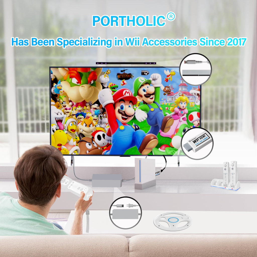 PORTHOLIC 4 in 1 Wii Replacement Cables Set, Wii AC Power Adapter + Wii to hdmi Converter+ Wired Motion Sensor Bar and Composite Audio Video Cable for Nintendo Wii - Flex Gamingproduct_type