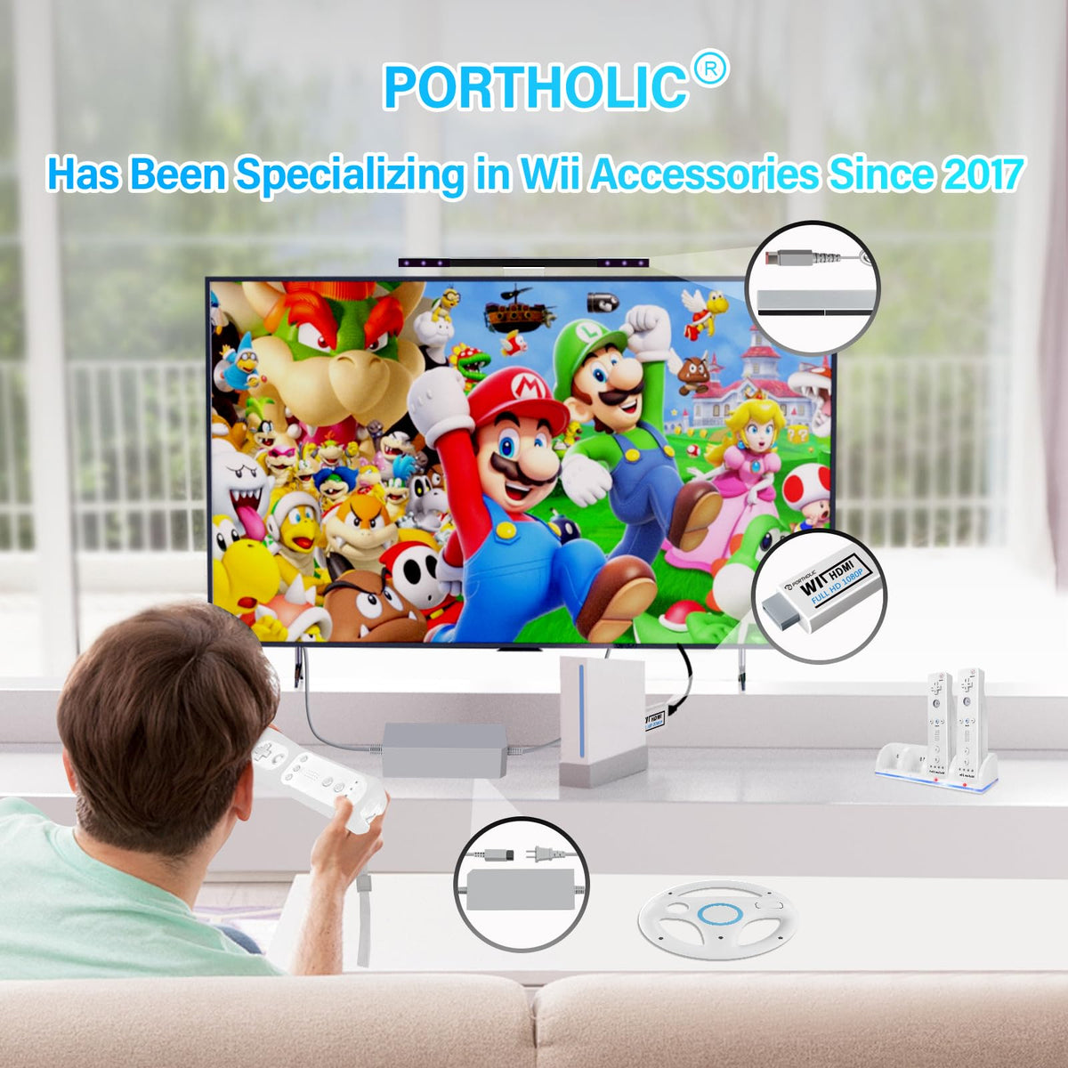 PORTHOLIC 4 in 1 Wii Replacement Cables Set, Wii AC Power Adapter + Wii to hdmi Converter+ Wired Motion Sensor Bar and Composite Audio Video Cable for Nintendo Wii - Flex Gamingproduct_type
