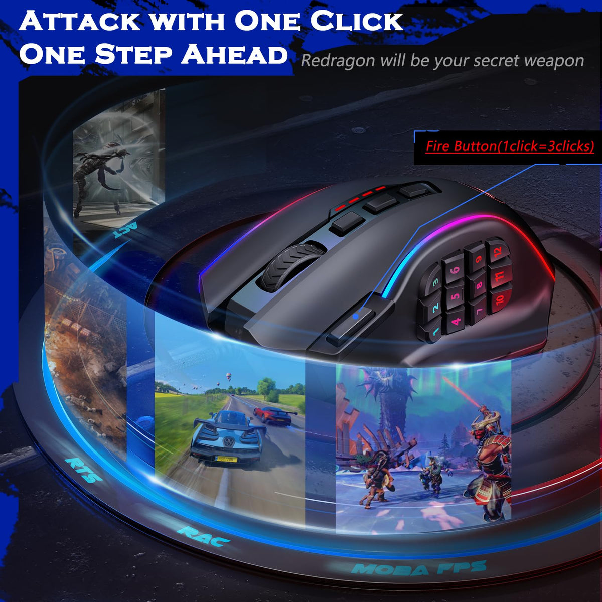 Redragon Gaming Mouse, MMO Mouse Gaming UP 12400 DPI, 19 Macro Programmable Buttons, RGB Mouse with 12 Side Buttons, 8 * 2.4g Weight Tuning for PC Laptop MOBA FPS, M901K, Black - Flex Gamingproduct_type