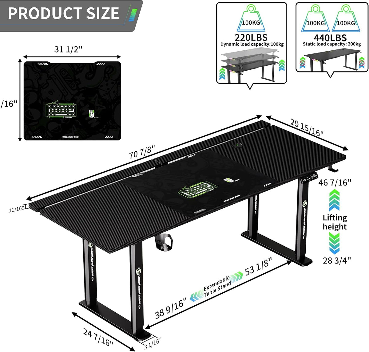 71" Gaming Standing Desk for Gamers & Streamers, 4-Leg Electric Sit Stand Desk with LED Lights, Flip-Top Cable Management, Stable Computer Desk with Wheels - Flex Gamingproduct_type