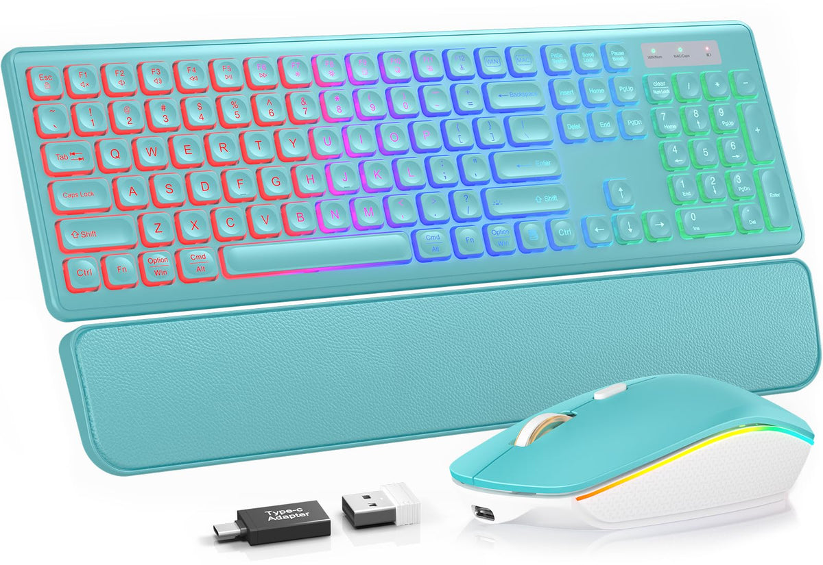 Wireless Keyboard and Mouse Combo, RGB Backlit, Rechargeable & Light Up Letters, Full-Size, Soft Typing, Sleep Mode, 2.4GHz Quiet Keyboard Set for Mac, Windows, Laptop, PC, Trueque KM42Pro (Black) - Flex Gamingproduct_type