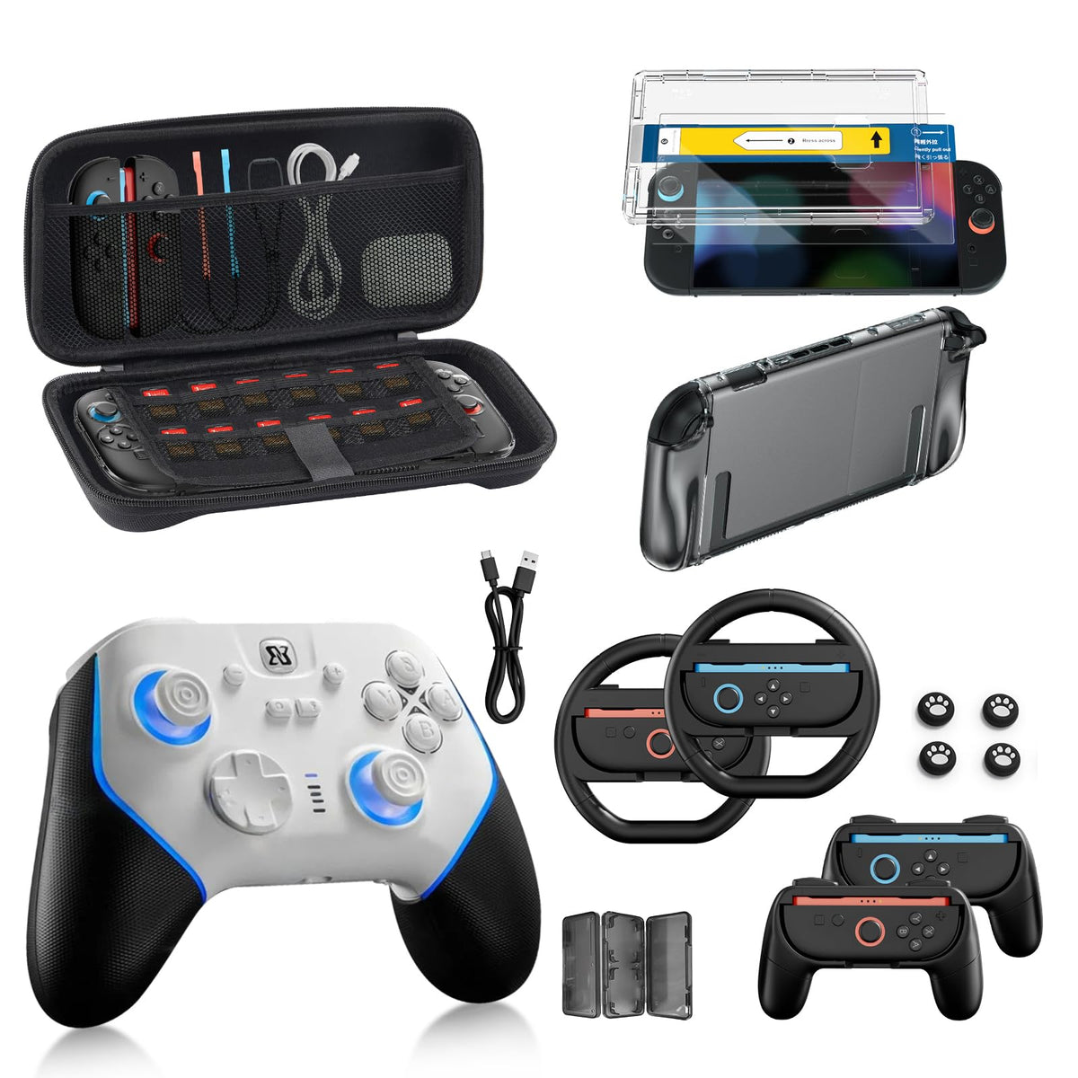 Pro Controllers Accessories Bundle for Nintendo Switch 2 18-in-1: Carrying Case, Screen Protector, Thumb Grip for Joycon, Dockable Console Protective Cover Shell, Steering Wheel, 2025 Switch2 Game Kit - Flex Gamingproduct_type