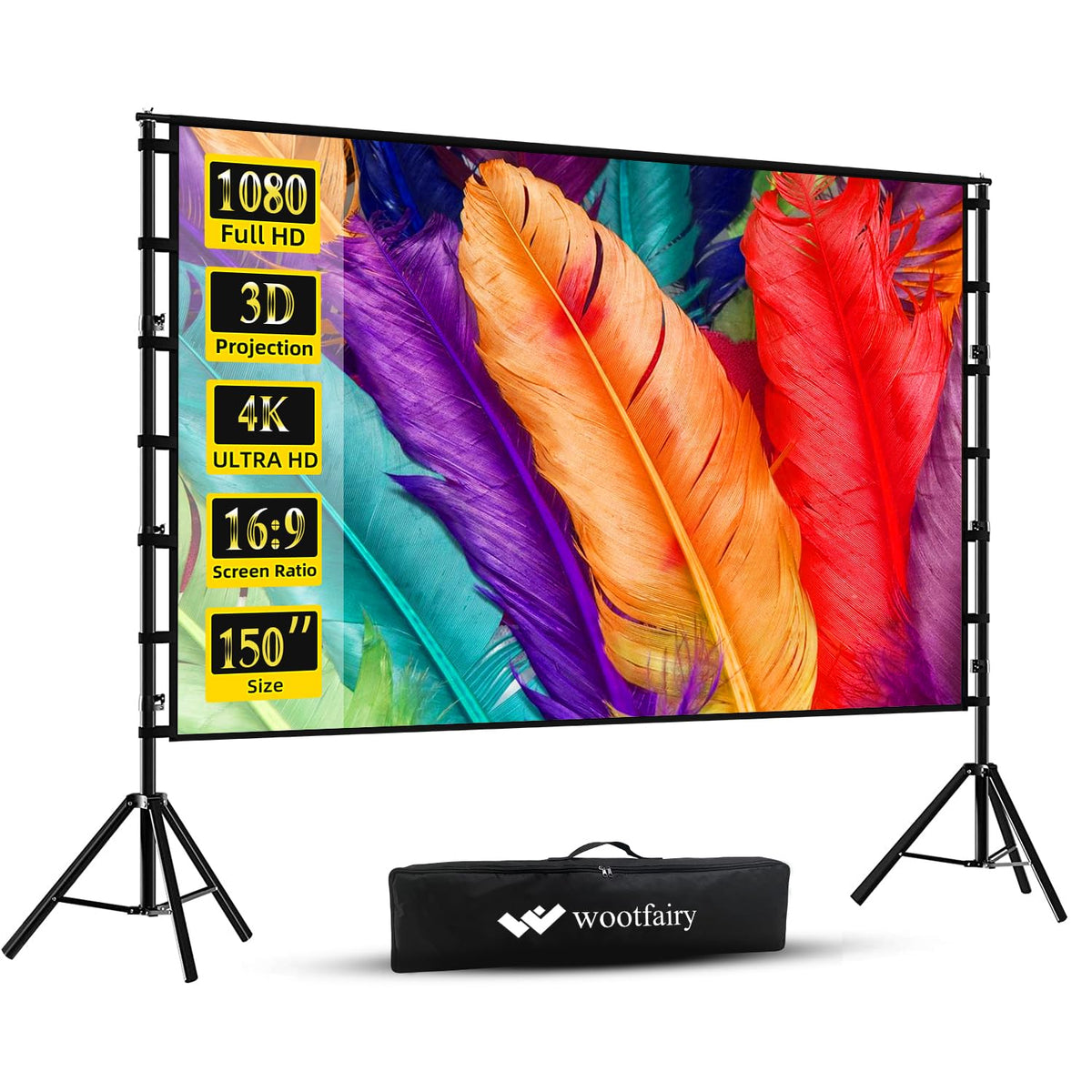 Wootfairy 180inch Projector Screen with Stand: Portable Wrinkle-Free Screen | Foldable 16:9 4K HD Front Rear Projection Movie Screen with Carry Bag for Indoor Outdoor Backyard Family Live Sports Night - Flex Gamingproduct_type