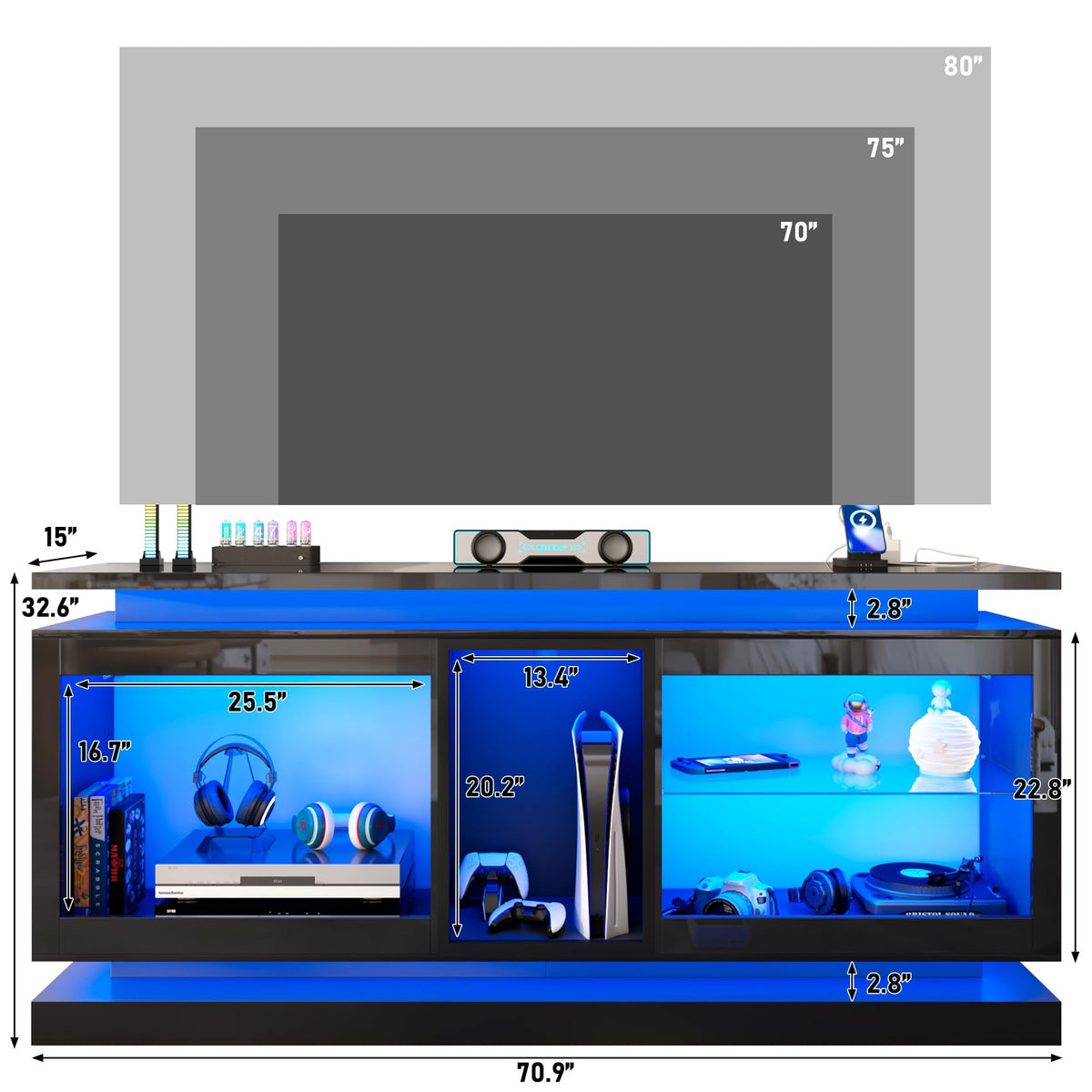 St.Mandyu RGB LED TV Stand with Power Outlets – 2 Sizes & 2 Colors