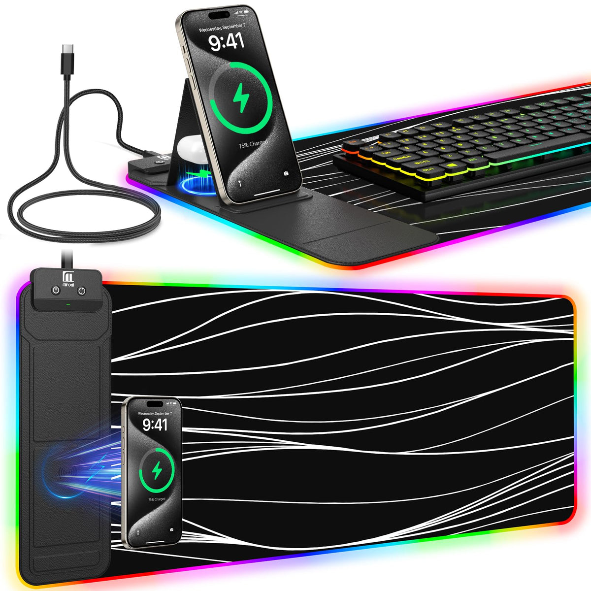 XXL Mouse Pad with Phone Holder - Black, RGB Desk Mat with 15W Fast Charging, LED Gaming Mousepad with 11 Light Colors, Waterproof Non-Slip Pad for Office & Home (Wave) - Flex Gamingproduct_type