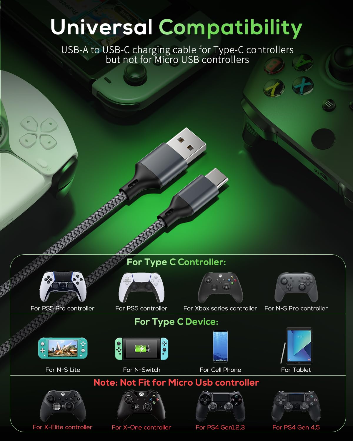 MENEEA 10-Foot USB-C Controller Charging Cables – 3 Colors