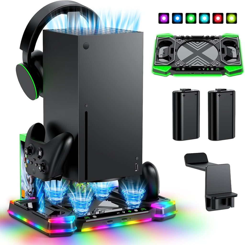 MENEEA Upgraded Charger-Stand Cooling-Fan for Xbox Series X, Dual Wireless Charger Dock Cooler System for Xbox Controller& Console,Accessories with 11 RGB Light Modes,2x1400mAh Rechargeable Batteries - Flex Gamingproduct_type